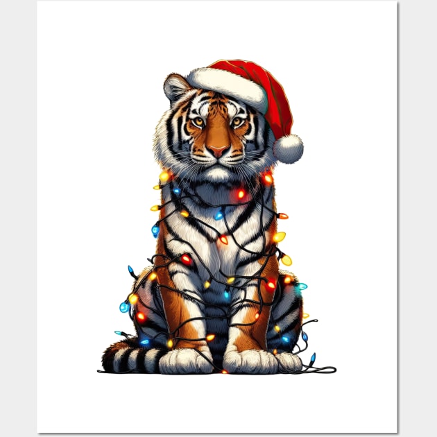 Tiger Wrapped In Christmas Lights Wall Art by Chromatic Fusion Studio